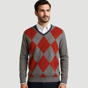 Brooks Brothers Preppy Sweater Mens L Argyle Gray Red Navy V Neck Cotton Wool